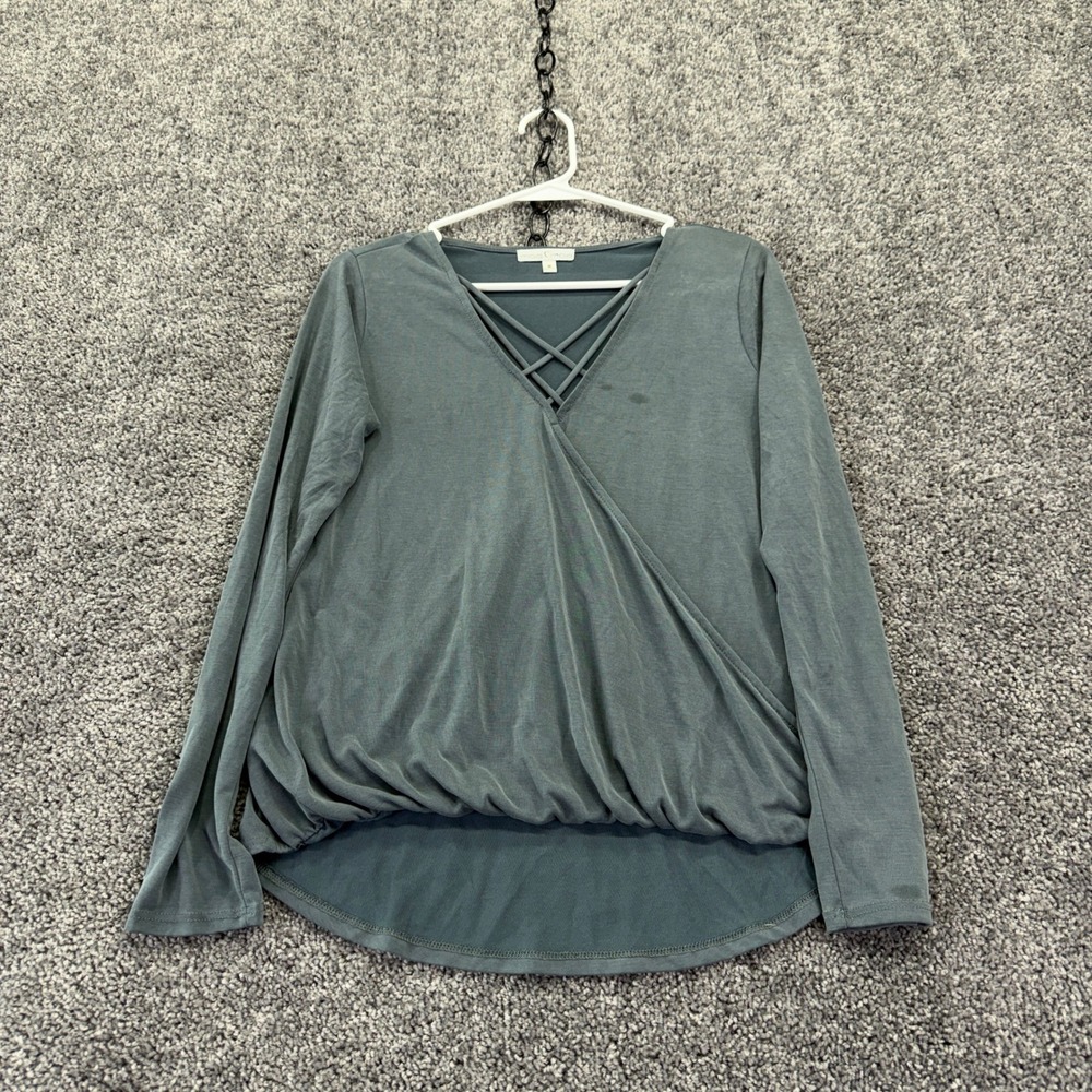 Moa Moa Top Womens Medium Blue Cage Neck Long Sleeve Solid Casual Knit H-3